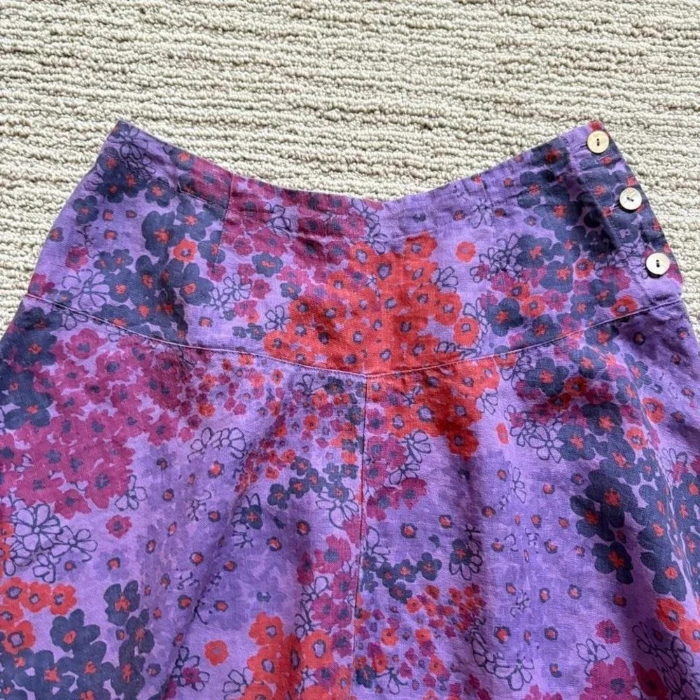 Cut Loose Midi Skirt A-Line Floral Purple Pink Linen Buttons Women's S Low Rise - Picture 3 of 8